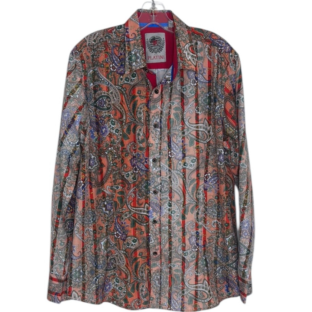 PJC Platini Multicolor Paisley Stripe Floral Bold Button-Up Shirt Size L